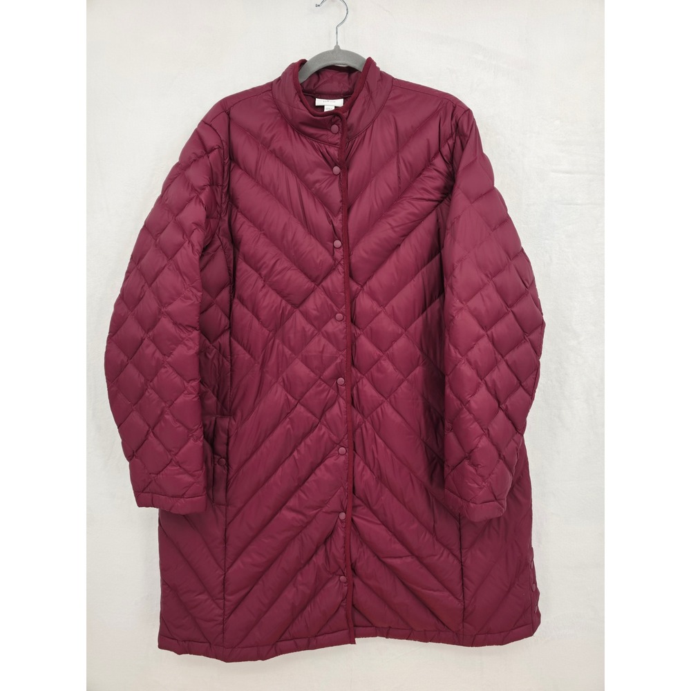 J. Jill Down Puffer Coat Womens XL Burgundy Quilted Snap Front Long Jacket
